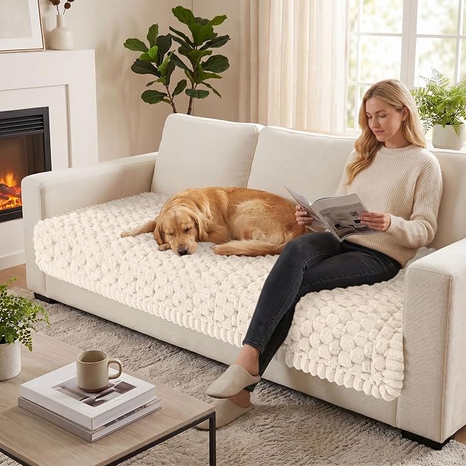 Smiry Non Slip Couch Covers for Dogs, Scratch Resistant Pet Sofa Protector | Machine Washable Soft Fuzzy Thick Furniture Cover for Sofa Loveseat Sectional Large Dogs, Cream, 35.4" x 82.7" - Image 5
