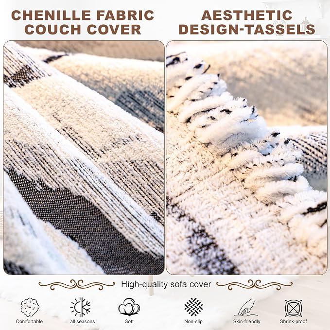 ROOMLIFE Couch Cover 3 Cushion Sofa, Washable Non Slip Furniture Sofa Protector Cover, Soft Chenille Sofa Slipcovers Sectional L Shape Dogs Couch Cover Throw Blanket with Tassels 71''X118'' - Image 3