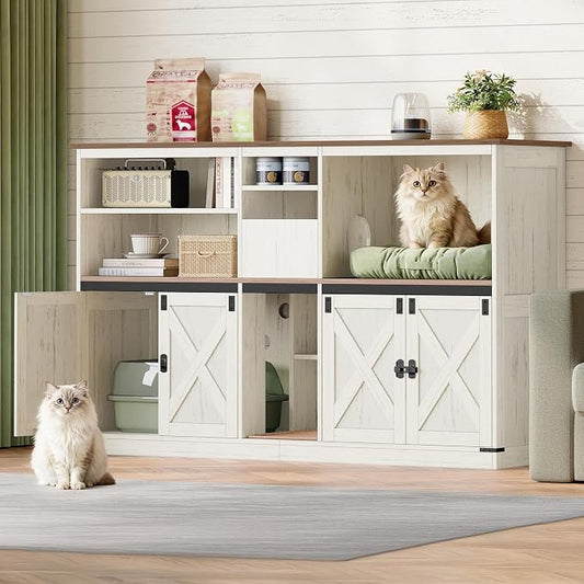 Hzuaneri Double Cat Litter Box Enclosure for 2 Cats, Cat Cabinet with Large Storage Space, Hidden Litter Box with Scratch Pad, Farmhouse Cats House, TV Stand End Table, Rustic Brown and White CB97014X by Hzuaneri