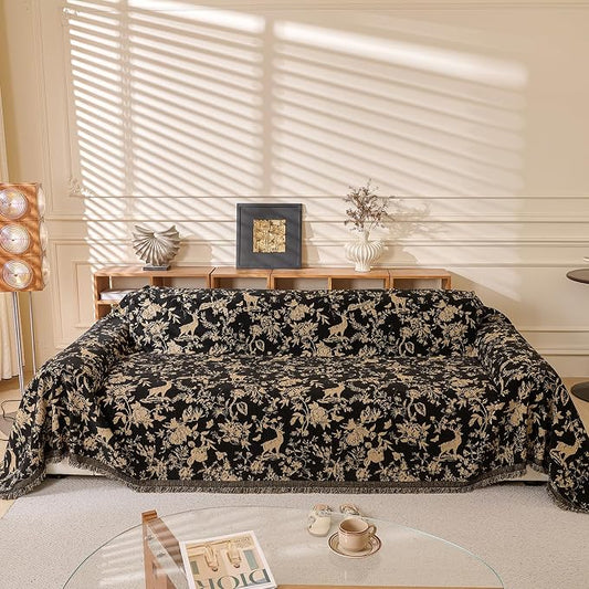 STACYPIK Soft Chenille Vintage Floral Sofa Cover, Washable Beige Black Couch Cover for 3 Cushion Couch, Decorative Couch Protector for Living Room, Loveseat Cover for Sectional with Tassels-71X134IN by STACYPIK