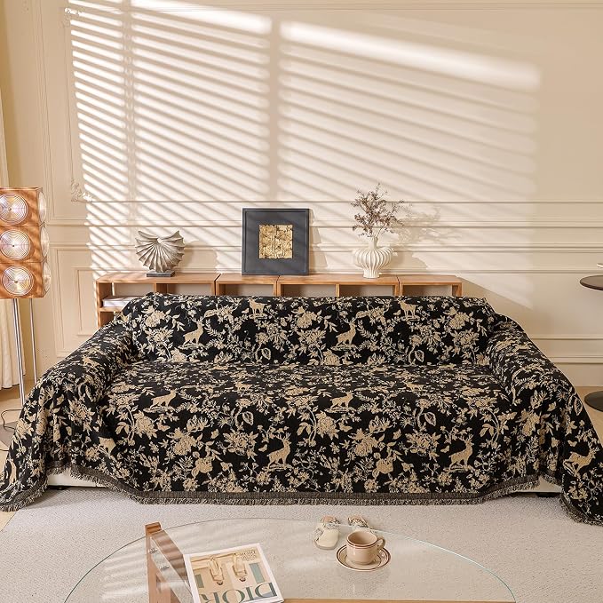 STACYPIK Soft Chenille Vintage Floral Sofa Cover, Washable Beige Black Couch Cover for 3 Cushion Couch, Decorative Couch Protector for Living Room, Loveseat Cover for Sectional with Tassels-71X150IN by STACYPIK