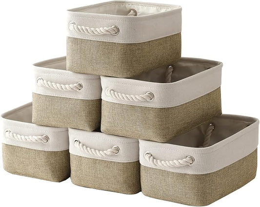 TcaFmac Storage Bins for Shelves - Small 6 Pack Collapsible Storage Basket for Organizing, Fabric Storage Cubes with Handle for Closet Cloth Toy Gift Kids (White & Khaki 11.8x7.8x5.2 inch) by TcaFmac