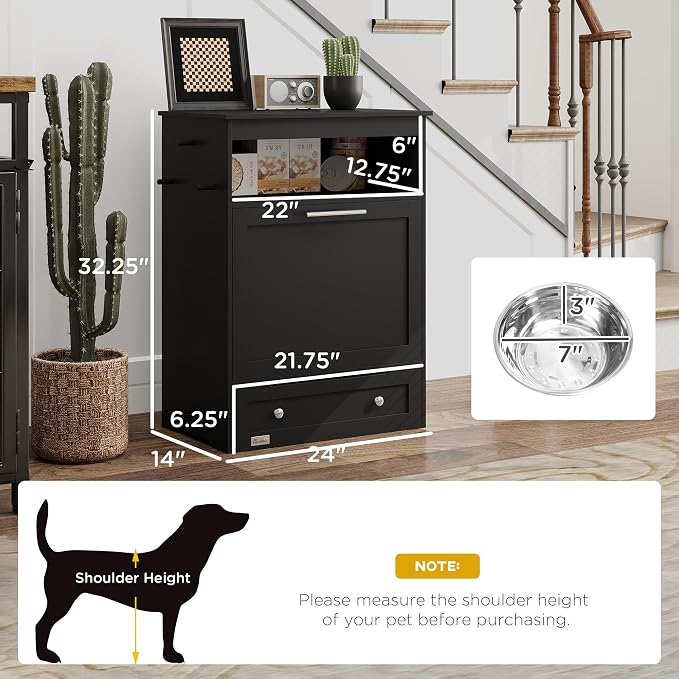 PawHut Dog Feeding Station with Raised Bowls, Pet Feeder Station, Black | Dog Food Storage Cabinet, Hanger for Feeding & Watering Supplies - Image 7