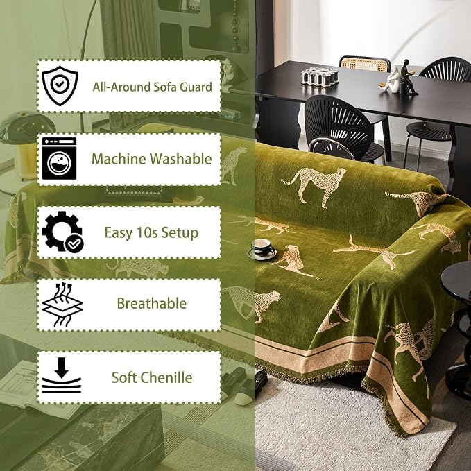 Chenille Sofa Cover with Tassels, Non-Slip Couch Cover for 3/4 Seat Sofas, Washable Furniture Protector for Pets & Kids, Modern Leopard Pattern Chenille Blanket - Image 4