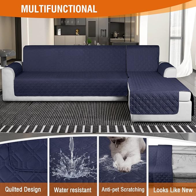 VANSOFY Sectional Couch Covers 100% Waterproof L Shaped Sofa Slipcover 3pcs Reversible Chaise Lounge Cover for Sectional Sofa Furniture Protector Cover for Pets Cat Dog(X-Large, Dark Blue) - Image 6