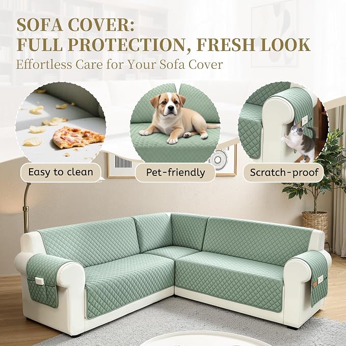 Sectional Couch Covers for Dogs 100% Waterproof Corner L Shaped Sofa Cover Pet Friendly Velvet Washable Anti Slip L Shape Modular Sofa Slipcover Protector with Pockets (Light Green, XX-Large) - Image 4