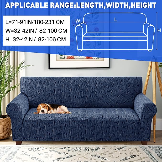 YEMYHOM 1 Piece Stretch Couch Covers for 3 Cushion Couch, Jacquard Sofa Cover with Non-Slip Elastic Bottom, Thickened Slipcover Furniture Protector for Dogs Pets (Large, Navy） - Image 2