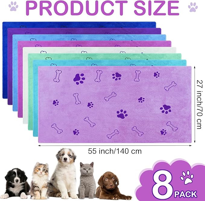 Chumia 8 Pcs Microfiber Dog Towels for Drying Dogs Cats 55 x 28 Inch Pet Towels Bulk for X-Large Puppy Absorbent Fast Drying Paw Bath Bathing Supplies for Pets(Dog Paw and Bone,Classic Color) - Image 2