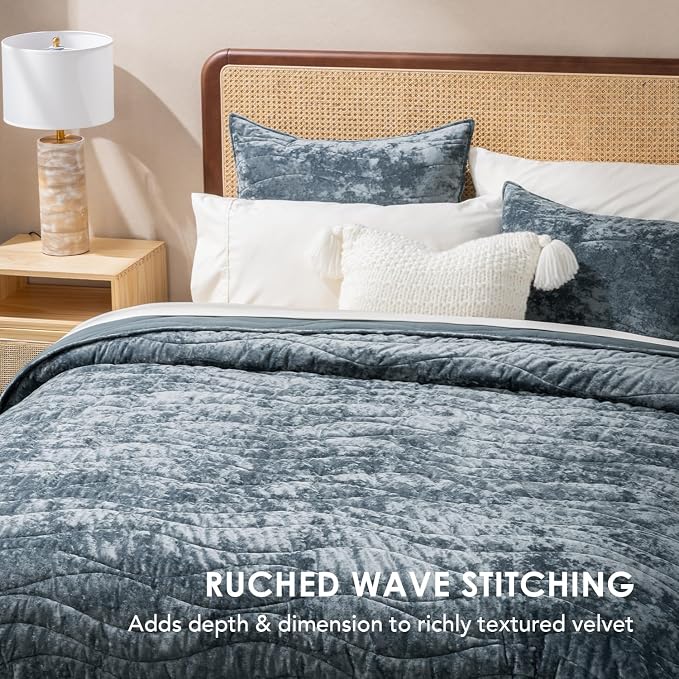 EverGrace Luxury Wave Crushed Velvet Quilt Set, King Size, Stormy Blue | Luxurious Soft, Lightweight Velvet Comforter, Cozy Plush Oversized Bedspread Coverlet for All Season, with 2 Shams - Image 2