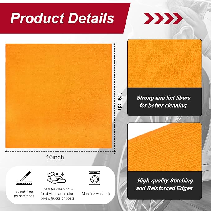 200 Pcs Microfiber Cleaning Cloth 16x16 Inch Microfiber Towels for Car Ultra Absorbent Cleaning Rags Reusable Lint Free Streak Free Detailing Towel for Car Washing Drying Dusting (Orange) - Image 2
