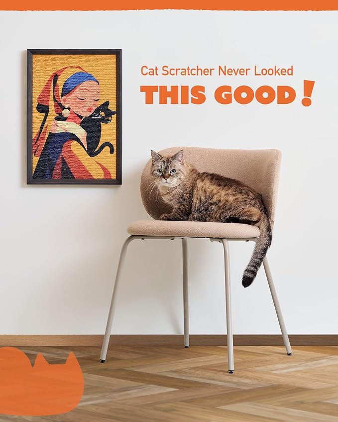 Decorative Wall Art Cat Scratcher for Vertical Scratching, 14"x20" Framed Sisal Scratch Pad Mat with Renter-Friendly No-Drill Wall Mounted Setup, Durable Alternative to Cardboard (Girl with Purr) - Image 2