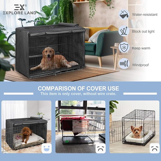Explore Land Dog Crate Cover Heavy Duty Polyester Pet Kennel Sunshade Universal Fit for 38 inches Wire Cage (Black) - Image 3