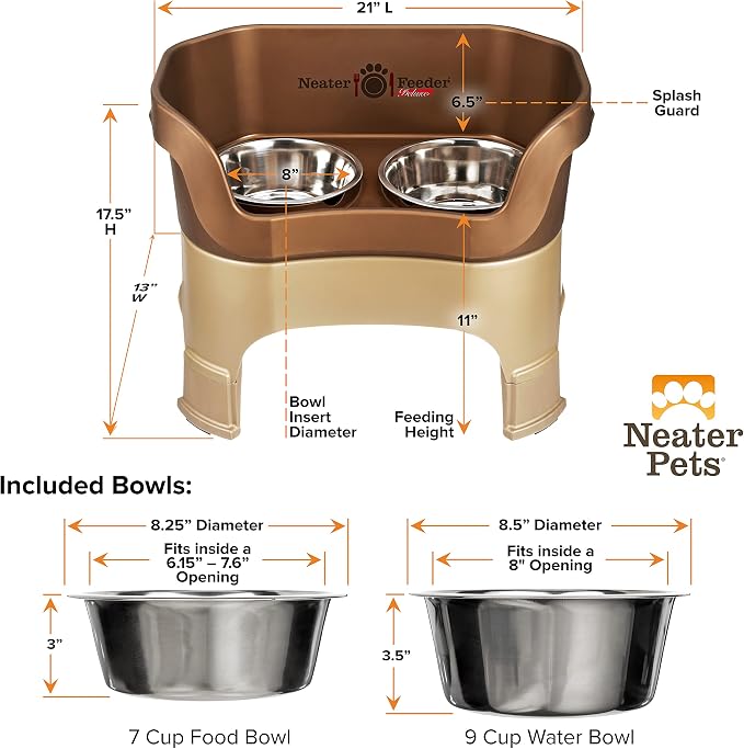 Neater Feeder Deluxe Mess-Proof Elevated Dog Bowls for Large Dogs (40+ lbs), 2 Height Adjustable (14.5” & 17.5”) No-Spill Raised Dog Bowl Stand, Stainless Steel Food Bowl Set, Made in USA, Bronze - Image 8