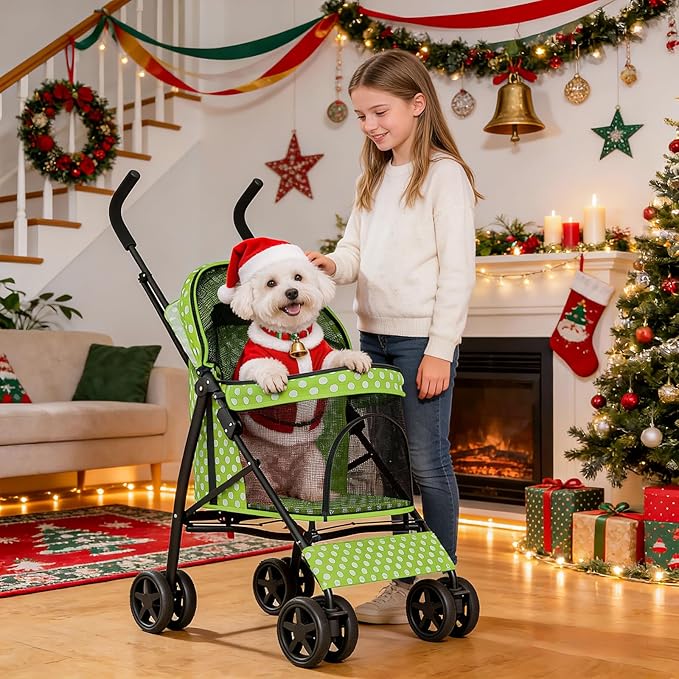 MoNiBloom 4 Wheels Pet Stroller, Easy-Fold Umbrella Shaped Dog Cat Jogger Stroller w/Storage Bag & Visible Mesh for Small/Medium Dogs Cats Lawn Green Polka Dots