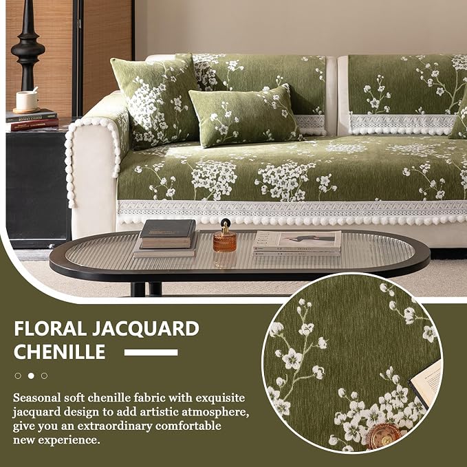 DREAMINGO Green Floral Couch Cover Vintage Jacquard Pet Sofa Cover Non Slip Chenille Couch Protector Living Room Washable Sectional Furniture Slipcovers for 3 Seat Sofa, 35.4"x82.7" - Image 3