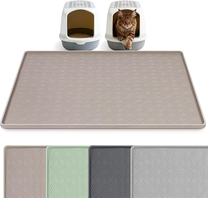 Silicone Cat Litter Mat 42" x 29" Cat Mat for Litter Box, Khaki | Extra Large Cat Litter Trapping Mat for Floor, Waterproof, Non-Slip Kitty Litter Box Mat with Raised Edge, Easy to Clean by Bartuke