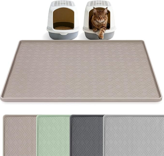 Silicone Cat Litter Mat 42" x 29" Cat Mat for Litter Box, Khaki | Extra Large Cat Litter Trapping Mat for Floor, Waterproof, Non-Slip Kitty Litter Box Mat with Raised Edge, Easy to Clean by Bartuke