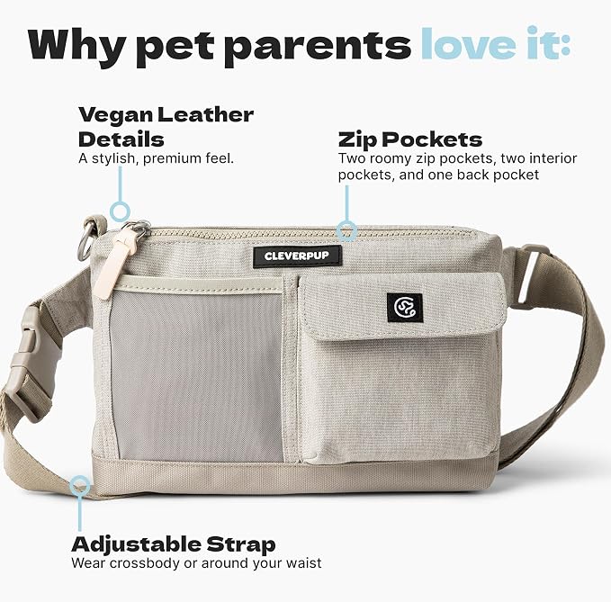 Cleverpup Dog Walk & Train Sling Bag - Hands-Free Dog Walking & Training Bag with Treat Pouch, Poop Bag Holder & Phone Pocket - Crossbody or Fanny Pack, Adjustable Strap - Sand - Image 3