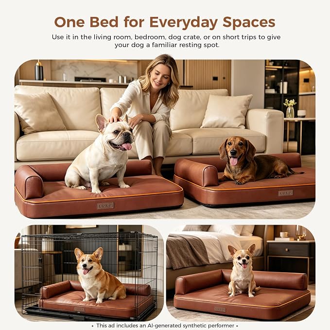 Outdoor Waterproof Dog Bed for Small Dogs, Egg Crate Foam Crate Pad with Raised Bolster, Removable Washable Leather-Look Cover, Non-Slip Bottom, Brown, for Dogs Up to 20 in. Long - Image 5