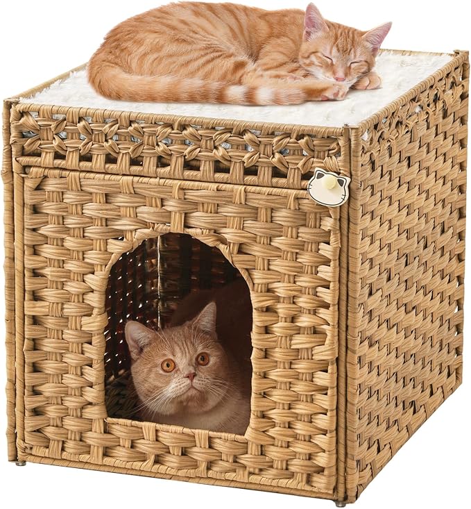 SETVSON Cat Beds for Indoor Cats Extra Large Double Cat Cave, Natural | Spacious Multi-Cat House, Furniture End Table Look, Soft Washable Cushion, Sturdy Metal Frame, 18.5x20.5x19.1 In Woven Cube by SETVSON