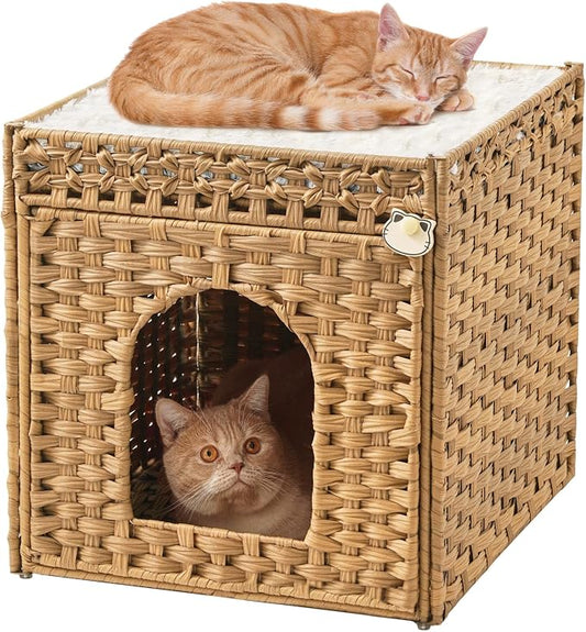 SETVSON Cat Beds for Indoor Cats Extra Large Double Cat Cave, Natural | Spacious Multi-Cat House, Furniture End Table Look, Soft Washable Cushion, Sturdy Metal Frame, 18.5x20.5x19.1 In Woven Cube by SETVSON