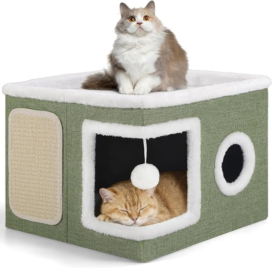 Shikha Cat House Bed for Indoor Cats with Fluffy Ball and Scratch Pad Green | Foldable Large Cat Cave Hideaway with Cozy Condo, Hide and Seek Window, Holds Up to 30LBS, All Season Reversible Cushion by Shikha
