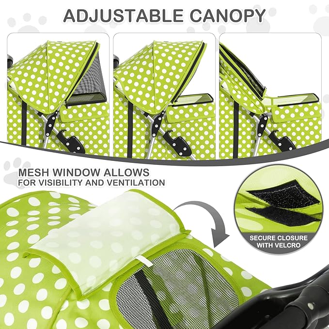 MoNiBloom 3 Wheels Pet Dog Cat Stroller for Small Medium Dogs Cats, Foldable Jogger Stroller w/Storage Basket and Cup Holder, Lawn Green Polka Dots
