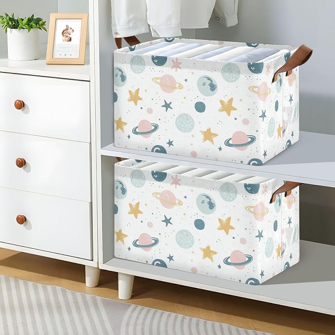 Cute Celestial Stars and Planet Baby Storage Basket with Labels&Handles Rectangular Waterproof Nursery Storage Bins Collapsible Shelf Organizer Baskets for Kids Books Cloth Gift Toys Laundry, 2 Pack - Image 3