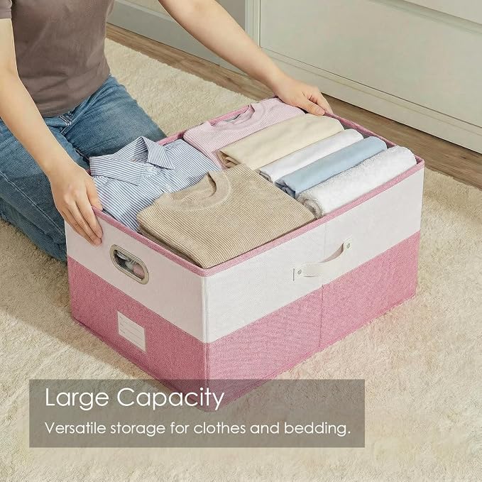 PRANDOM Storage Bins with Lids [3-Pack] Linen Fabric Foldable Storage Boxes Organizer Containers Baskets Cube with Cover for Bedroom Closet Office White&Pink (23.4X15.9X11.4) - Image 2