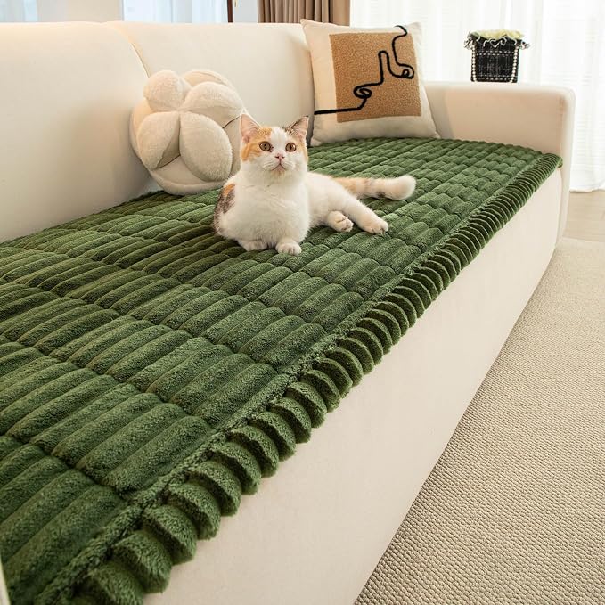 vctops Striped Couch Cover Super Soft Corduroy Sectional Sofa Cover Washable Non Slip Sofa Slipcover Furniture Protector for Kid Dog Pet,1 Piece (Dark Green,27"x94") - Image 4