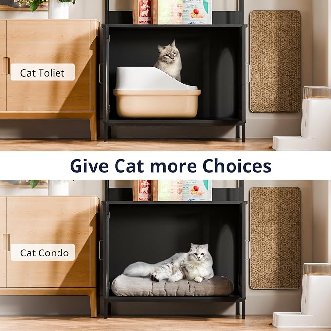 Cozy Castle Cat Litter Box Enclosure with Storage, 57'' Hidden Cat House Furniture, Wooden Cat Cabinet with Shelves & 4 S-Hooks, Indoor Cat Litter Box Organizer, Black - Image 5