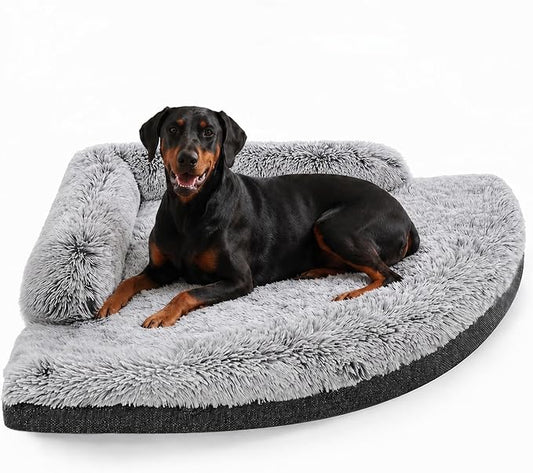 Corner Dog Bed XL, 42" Calming Fluffy Orthopedic Pet Beds, Grey | Space saving plush corner nest,egg-crate foam, washable cover, waterproof liner, non-slip bottom and bolsters for large dogs by Unknown