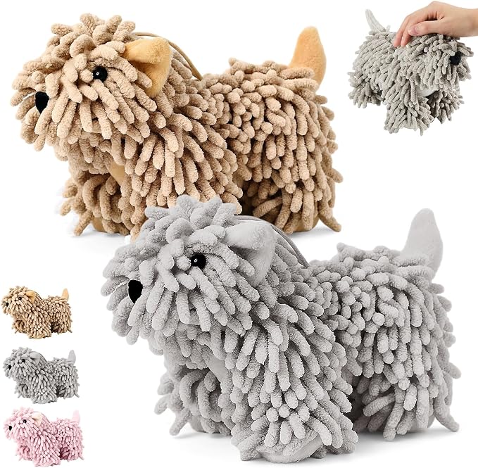 Tegeme 2 Pcs Chenille Dog Hand Towel Fuzzy Towel Absorbent Microfiber Soft for Bathroom Kitchen Washstand (Grey Brown,Standing Dog) by Tegeme