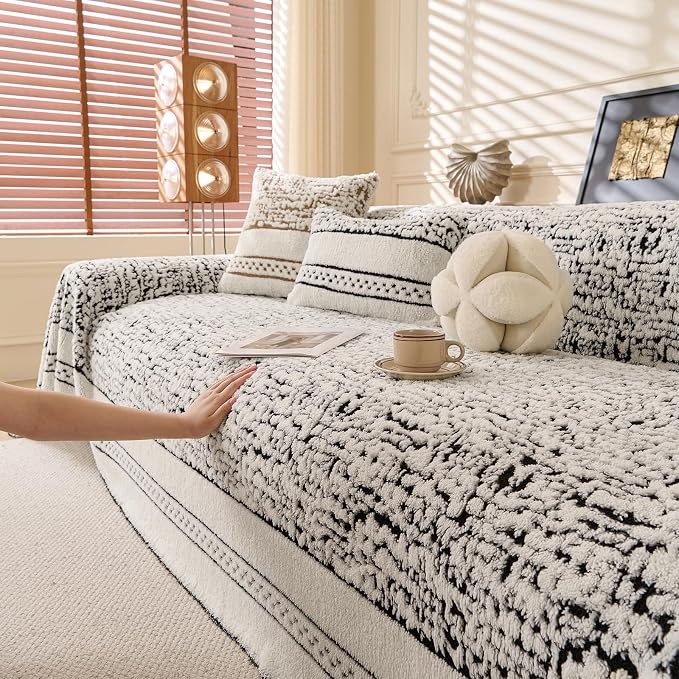 ROOMLIFE Thicked Striped Boho Black Couch Cover for 2-3 Cushion Sofa, Fuzzy Plush Warm Sofa Slipcovers Sectional Sofas Covers, Non Slip Washable Furniture Protector Soft with Tassel,Winter 71''X118” by ROOMLIFE