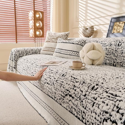 ROOMLIFE Thicked Striped Boho Black Couch Cover for 2-3 Cushion Sofa, Fuzzy Plush Warm Sofa Slipcovers Sectional Sofas Covers, Non Slip Washable Furniture Protector Soft with Tassel,Winter 71''X118” by ROOMLIFE