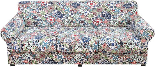 hyha Stretch Couch Covers, Sofa Cover for 3 Cushion Couch Pet Friendly | Floral Pattern, Printed, 4 Pieces, 3 Separate Cushion Sofa, Durable Anti-slip Washable Protector with Elastic Bottom for Dogs by hyha