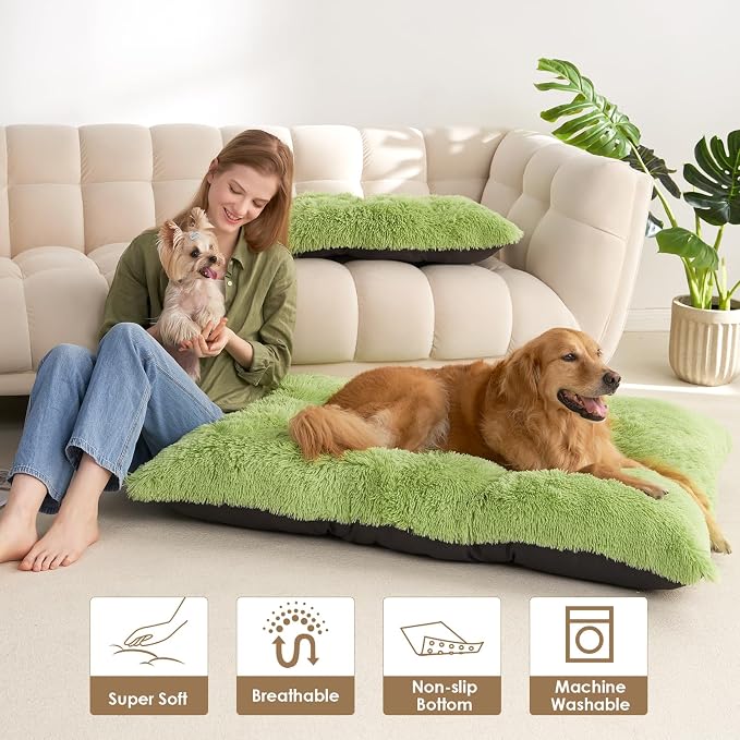 EHEYCIGA Fluffy Dog Crate Bed for Large Dogs, Plush Faux Fur Pad, Green | Calming Anti Anxiety Large Dog Crate Bed, Washable Soft Warm Mat with Non-Slip Bottom - Image 8