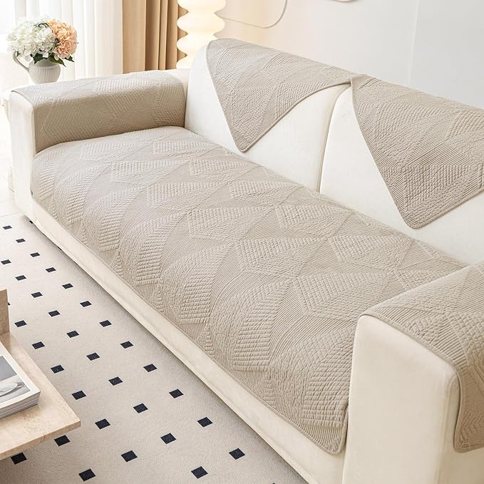 vctops Cotton Quilted Couch Covers for Sectional Sofa (Khaki,43"x94") | Geometric Washable Non Slip Sofa Slipcover for Dogs, Children, Pets Furniture Protector Cover - Image 5