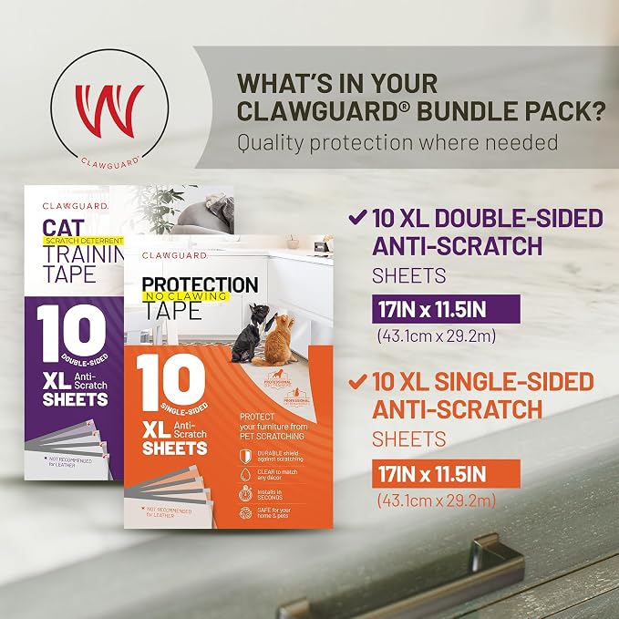 CLAWGUARD Bundle Pack – Cat Deterrent Tape & Dog Protection Tape – 20 Total Sheets (10 Double & 10 Single-Sided) – Anti Scratch Furniture Protector - Image 4