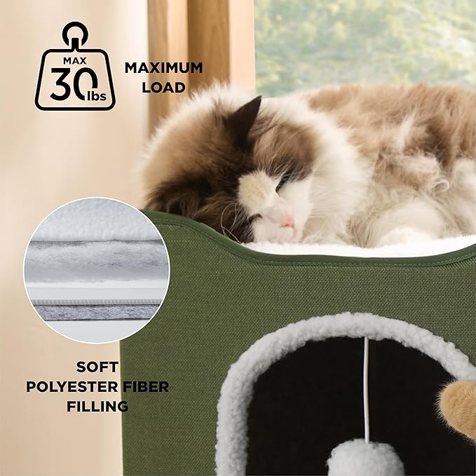 Bedsure Cat House Bed for Indoor Cats with Fluffy Ball and Scratch Pad | Loden Green,16.5x16.5x13 in,Large Cat Cave for Multiple Pets,Foldable Cat Hideway Cube for Sleeping Kitten - Image 2
