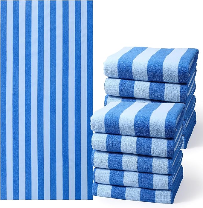 EBOOT 10 Pack Oversized Beach Towel Set Extra Large Pool Towels Microfiber Quick Dry Swim Blanket for Adult Women Men Face Hand Body Bath Travel Pool(Blue,28 x 59 Inch,Stripe) by eBoot