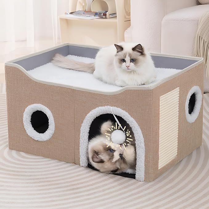 Loyareal Cat Houses for Indoor Cats - Large Cat Bed Cave with Scratch Pad and Fluffy Ball, Foldable Cat Condo Hideaway with Reversible Cushion for Multi Small Pet, Khaki by Loyareal