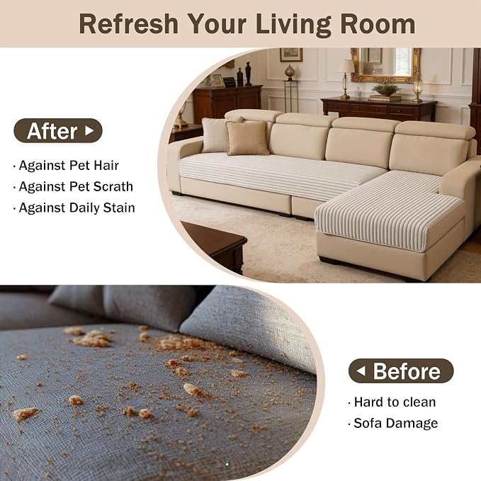 MEETSKY 100% Waterproof Couch Cover for Sofa, Non Slip Sectional Couch Covers for L Shape Sofa Cover Washable, 2 Pieces Sofa Slipcover for 3 Cushion Couch for Pet, Oatmeal, X-Large, 35"x63"+35"x70.9" - Image 7