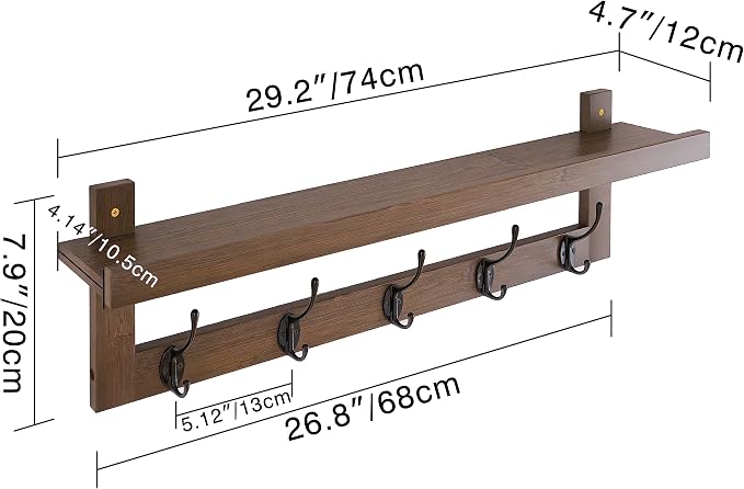 SMIBUY Coat Hooks with Shelf Wall-Mounted, 29.2 Inch Entryway Coat Rack for Wall, Bamboo Hanging Shelf with 5 Double Metal Hooks for Bathroom, Bedroom, Kitchen, Living Room, Mudroom (Walnut) - Image 5