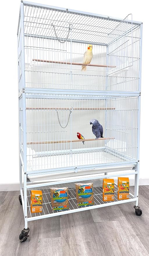 Extra Large Sturdy Wrought Iron Breeding Flights Canary Parakeet Cockatiel African Grey Lovebird Finches Parrot Home Cage Double Large Front Doors 4 Side Doors Bottom Storage Shelf On Lockable Wheels by Mcage