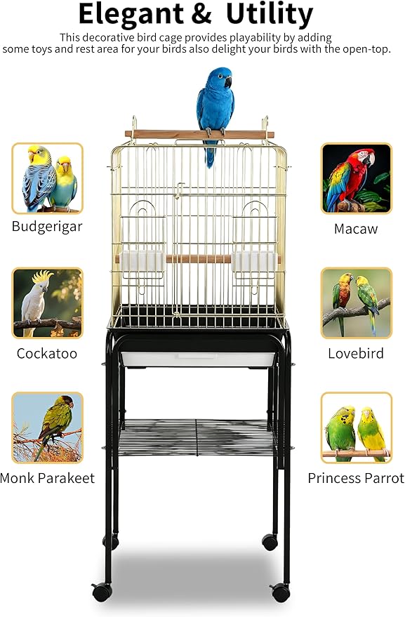 Garvee Bird Cage, 57‘’H Open-Top Durable Bird Cage w/Rolling Stand, Removable Tray, Extra Storage Stand, Brakable Casters,Large Dorr for Access, Indoor& Outdoor Use for Birds | Durable, Extra Storage Stand, Brakable Casters,Large Dorr for Access, Indoo... - Image 3