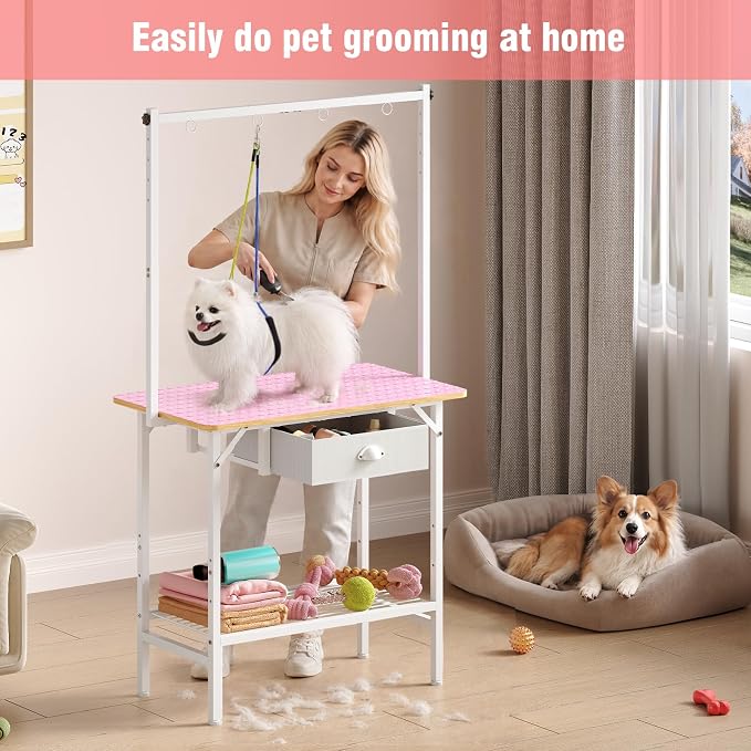 32-Inch Adjustable Dog Grooming Table with Drawer & Mesh Tray, Pet Grooming Table with Non-Slip Removable Washable Mat & EVA Protective Lanyard, Professional Grooming Table for Small Dog at Home（Pink - Image 6