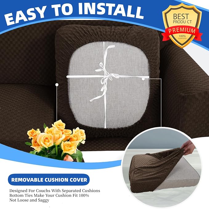 YEMYHOM Stretch Individual Cushion Covers Large Sofa Seat Cushion Slipcovers Soft Couch Cover Replacement Large Checkered Furniture Protector with Elastic Bottom (2 Pcs XL Cushion Covers, Dark Coffee) - Image 4
