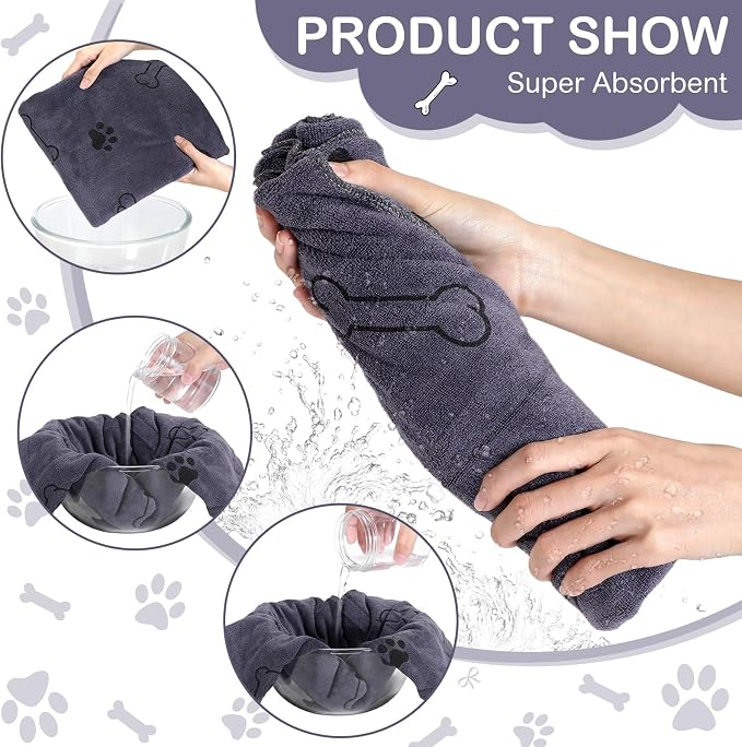 Chumia 8 Pcs Microfiber Dog Towels for Drying Dogs Cats 55 x 28 Inch Pet Towels Bulk for X-Large Puppy Absorbent Fast Drying Paw Bath Bathing Supplies for Pets(Dog Paw and Bone, Gray) - Image 4