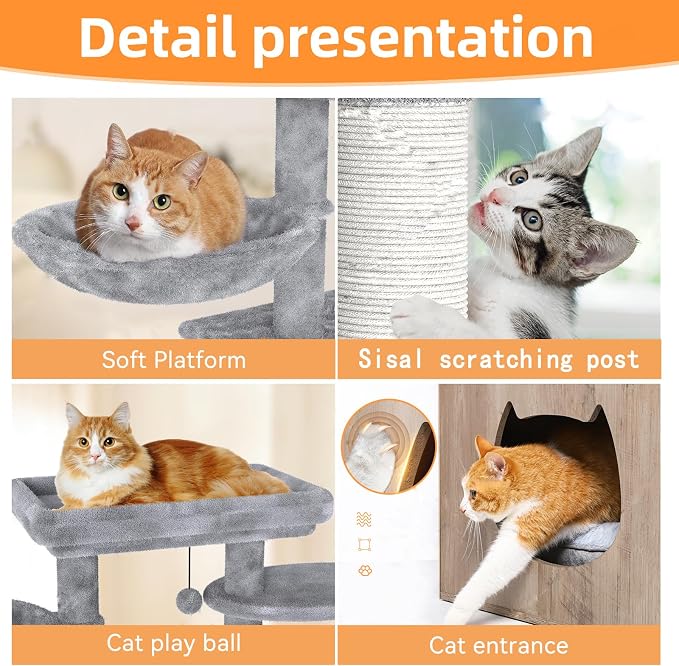 HavenlyYouth Litter Box Enclosure with Cat Tree,Cat Tree with Litter Box Enclosure,Hidden Pet Washroom Furniture with Sisal Scratching Post,Hammocks,Condo,Multiple Platform,Soft Plush Perch, Grey - Image 5